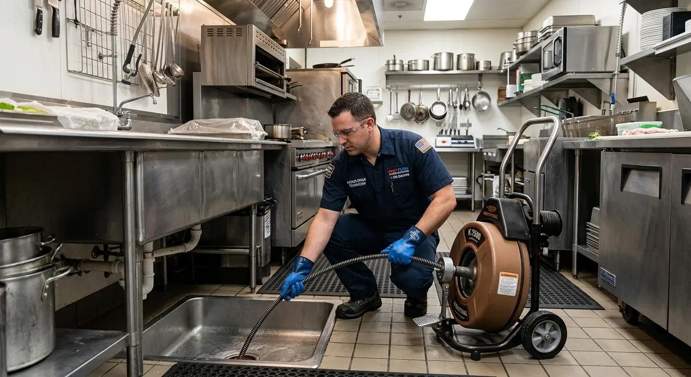Commercial drain cleaning service in a restaurant kitchen in Northbrook