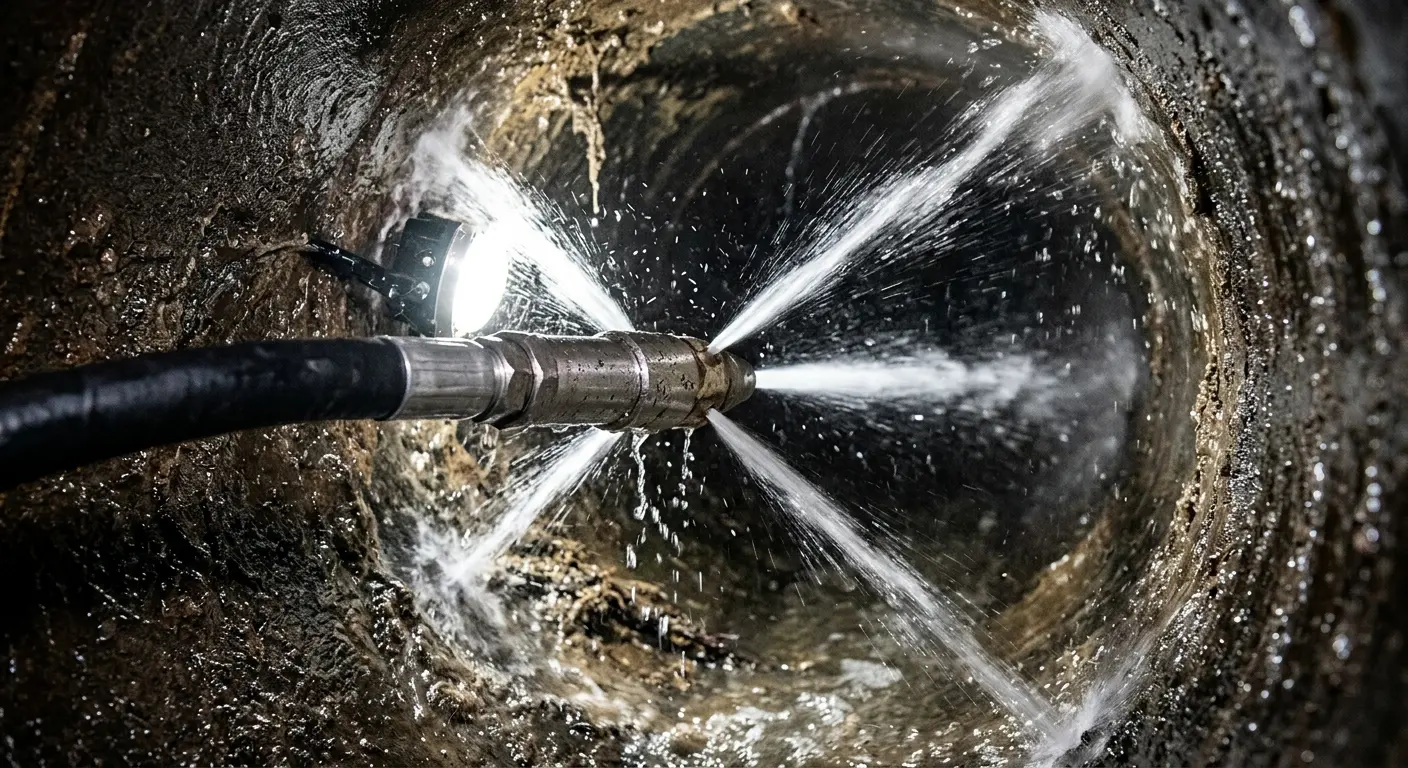 High-pressure hydro jetting nozzle cleaning sewer pipe for Trenchless Sewer Repair in Northbrook